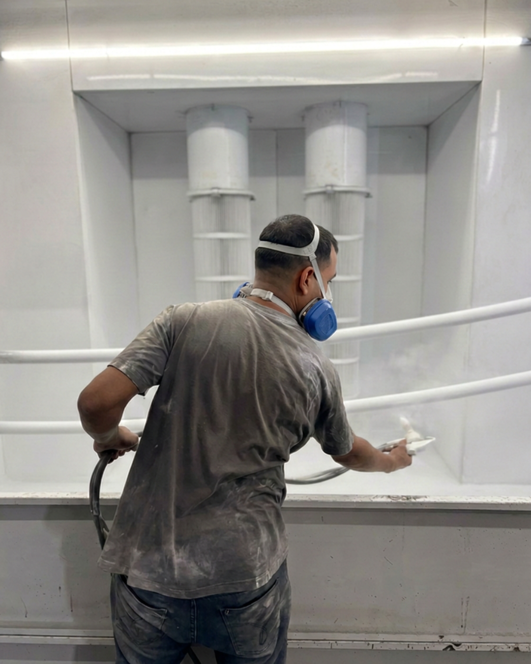 Profissional aplicando pintura eletrostática em cabine industrial